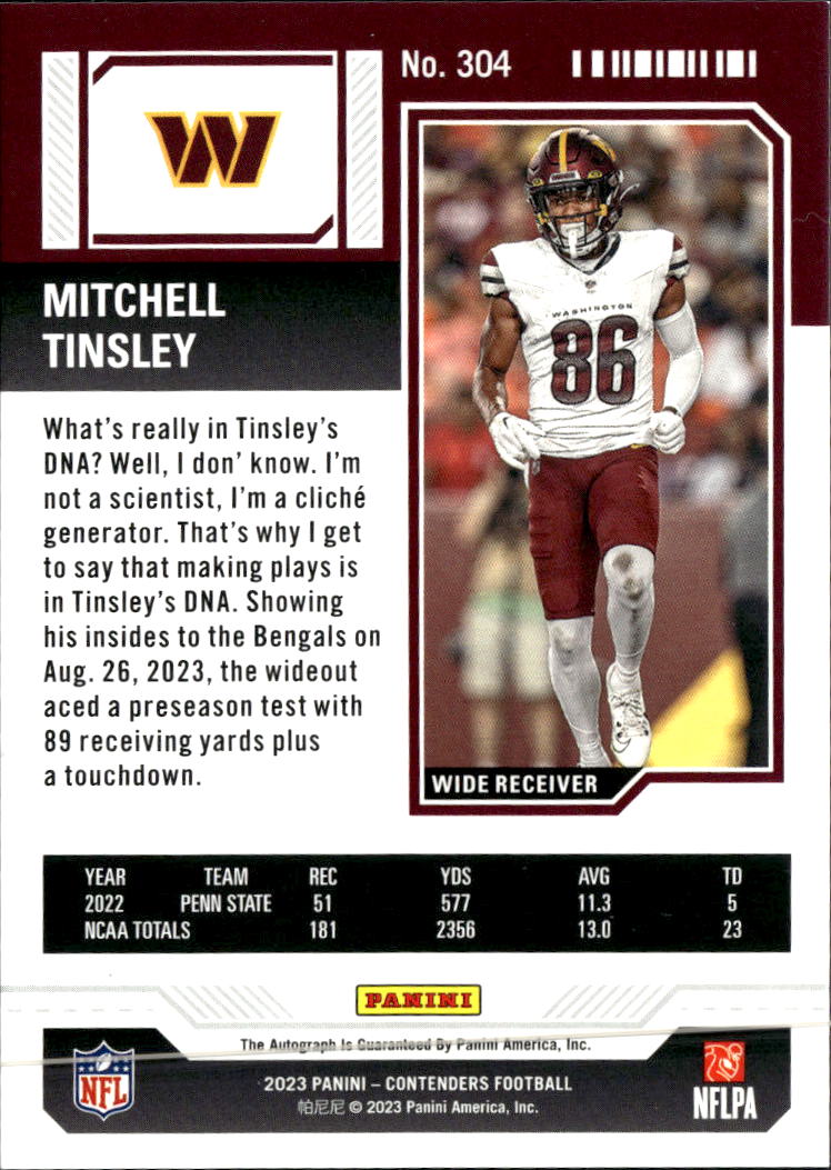 Mitchell Tinsley 2023 Contenders Auto Autograph RC Washington Commanders