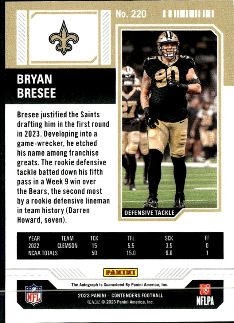 Bryan Bresee 2023 Contenders Auto Autograph RC New Orleans Saints
