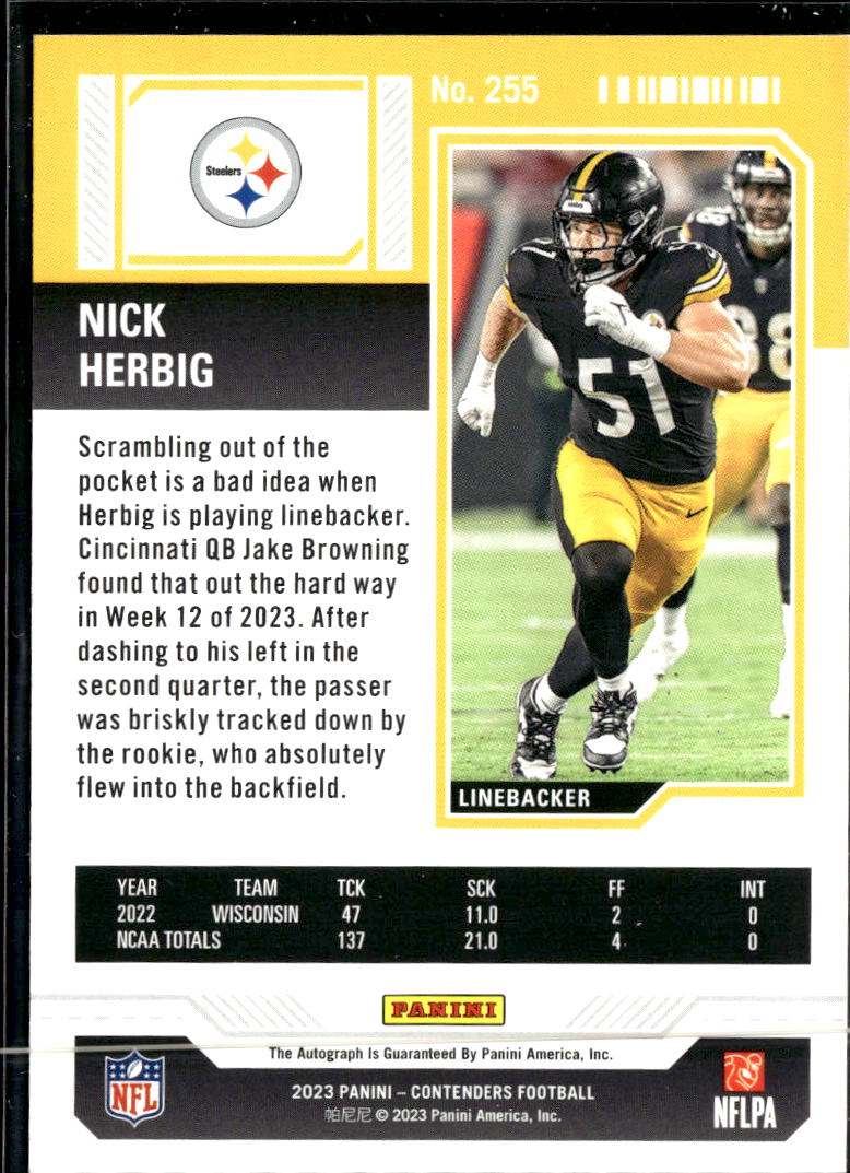 Nick Herbig 2023 Contenders Auto Autograph RC Pittsburgh Steelers