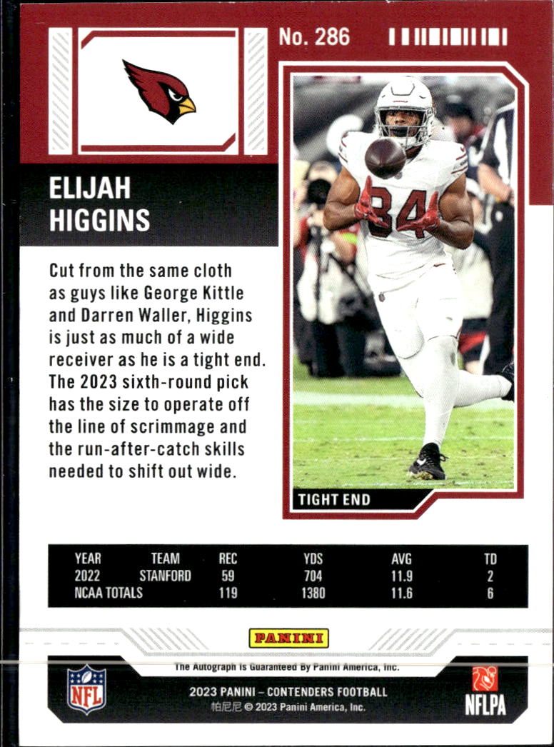 Elijah Higgins 2023 Contenders Auto Autograph RC Arizona Cardinals