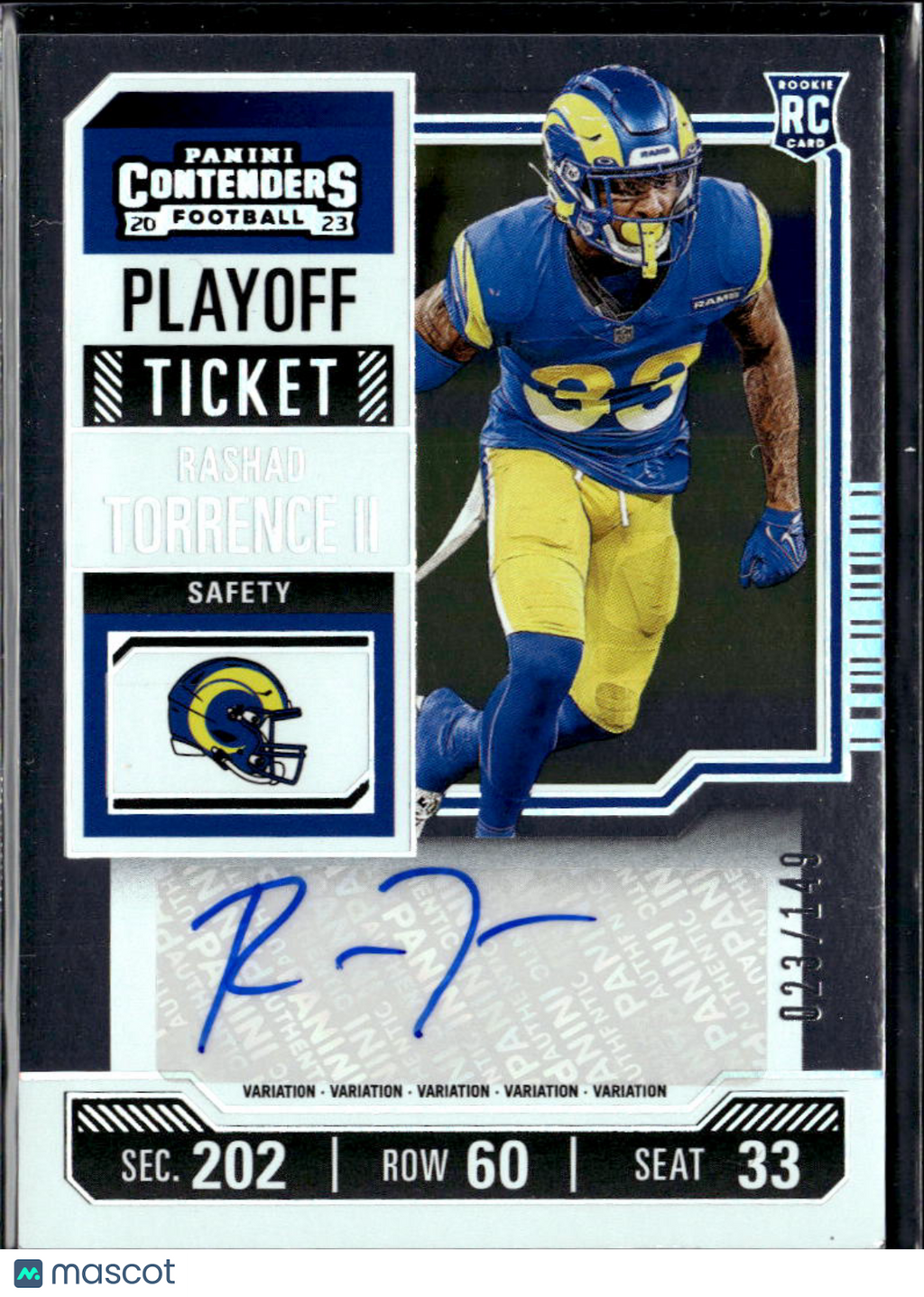 Rashad Torrence II 2023 Contenders Auto Autograph RC 23/149 Los Angeles Rams