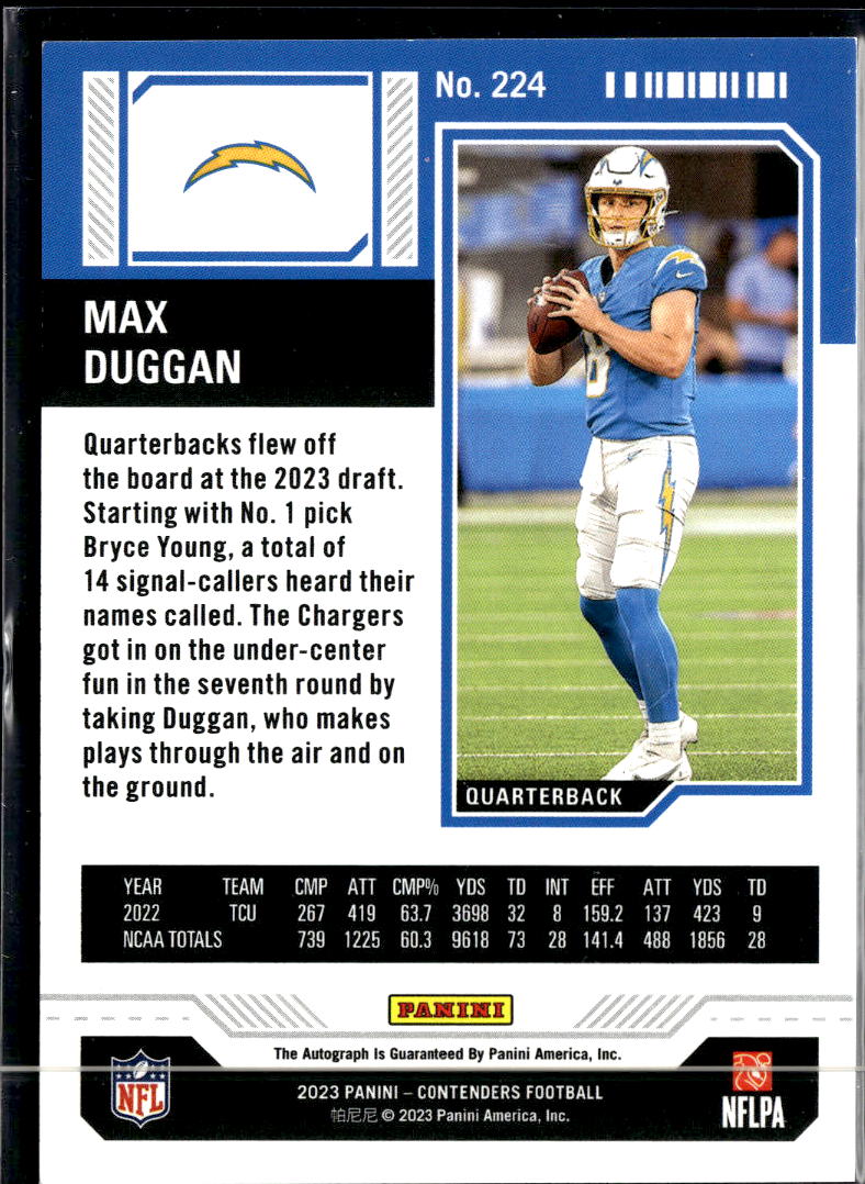 Max Duggan 2023 Contenders Auto Autograph RC /99 Los Angeles Chargers TCU