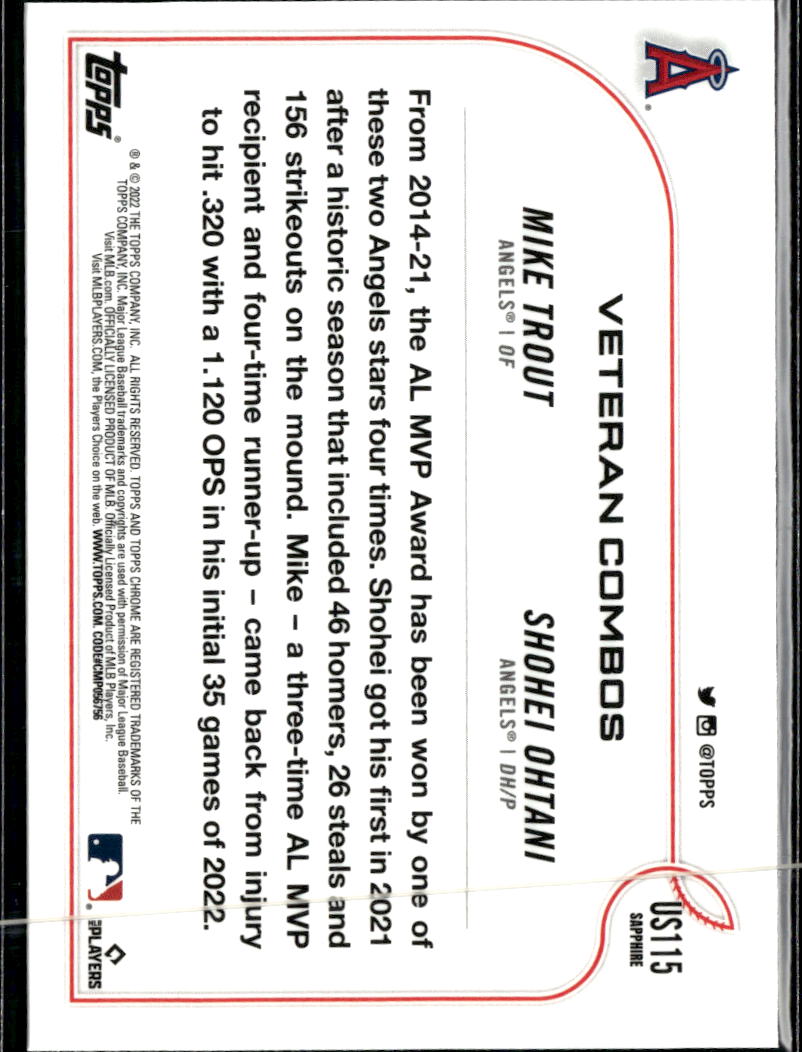 Mike Trout Shohei Ohtani 2022 Topps Chrome Sapphire #115 Los Angeles Angels