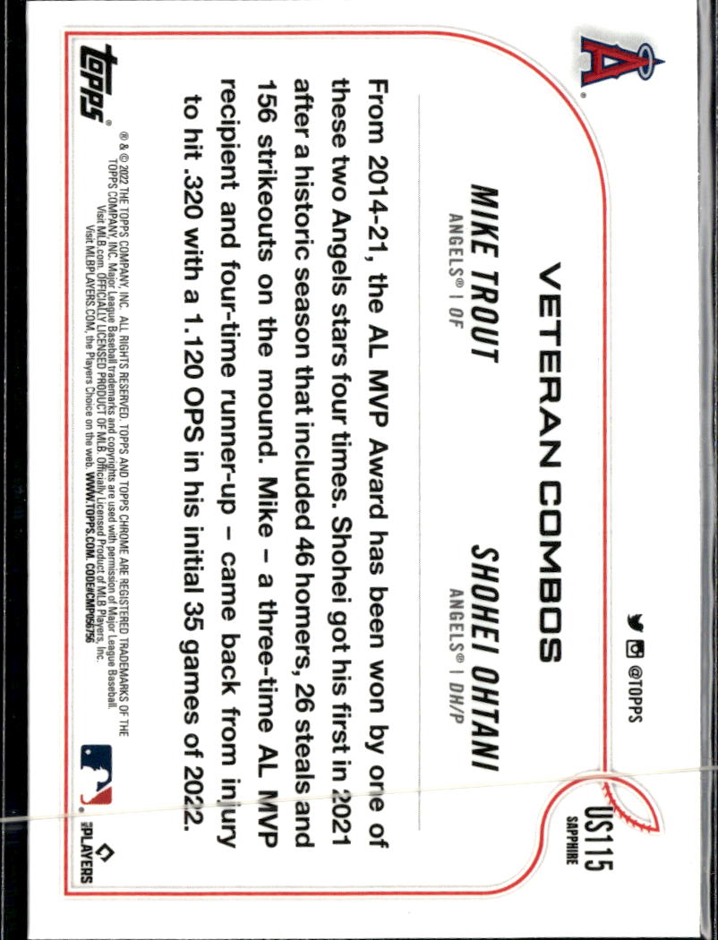 Mike Trout Shohei Ohtani 2022 Topps Chrome Sapphire #115 Los Angeles Angels