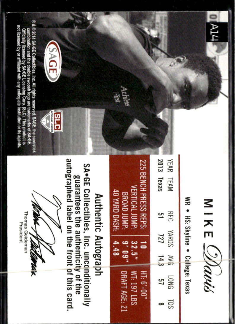 Mike Davis 2014 SAGE Auto Autograph RC Platinum 1/1 Texas Longhorns