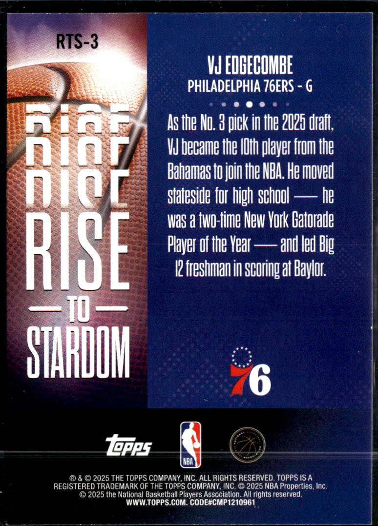 VJ Edgecombe 2025 Topps Rise to Stardom HOLO Rookie RC Philadelphia 76ers