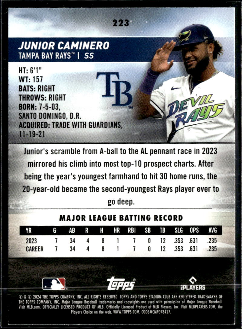 Junior Caminero 2024 Topps Stadium Club RC Red Foil Tampa Bay Rays