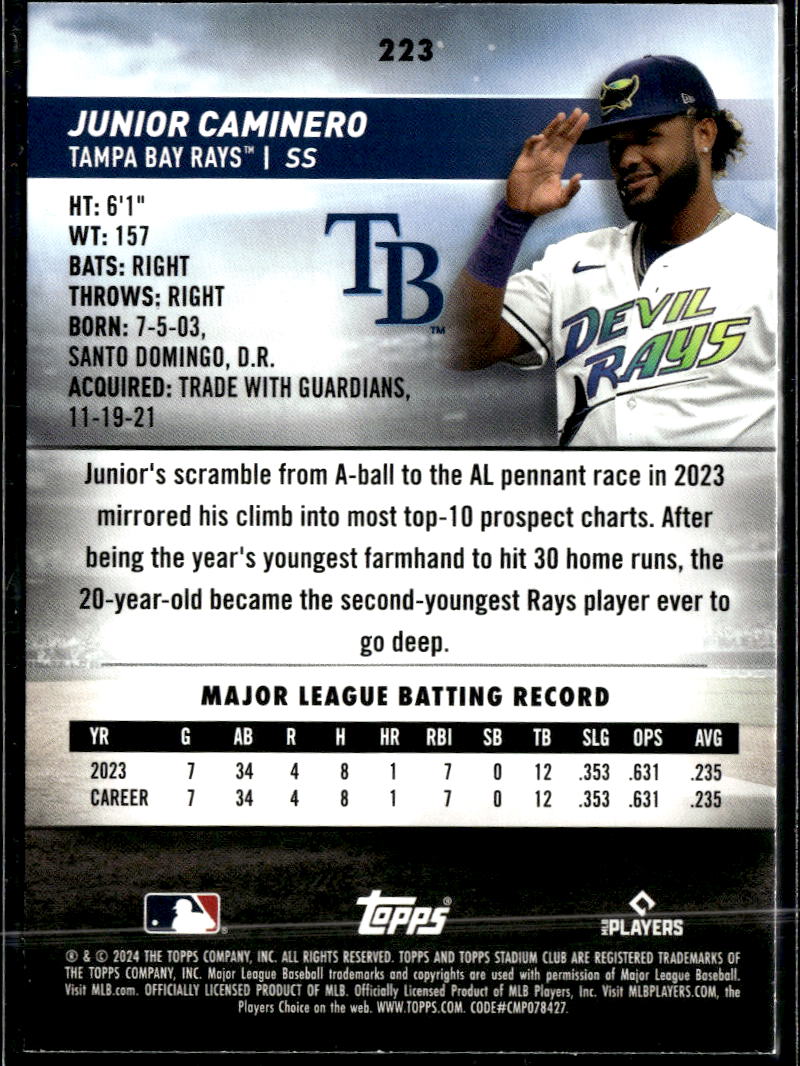 Junior Caminero 2024 Topps Stadium Club Rookie RC Tampa Bay Rays
