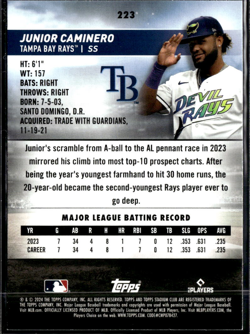Junior Caminero 2024 Topps Stadium Club Rookie RC Tampa Bay Rays