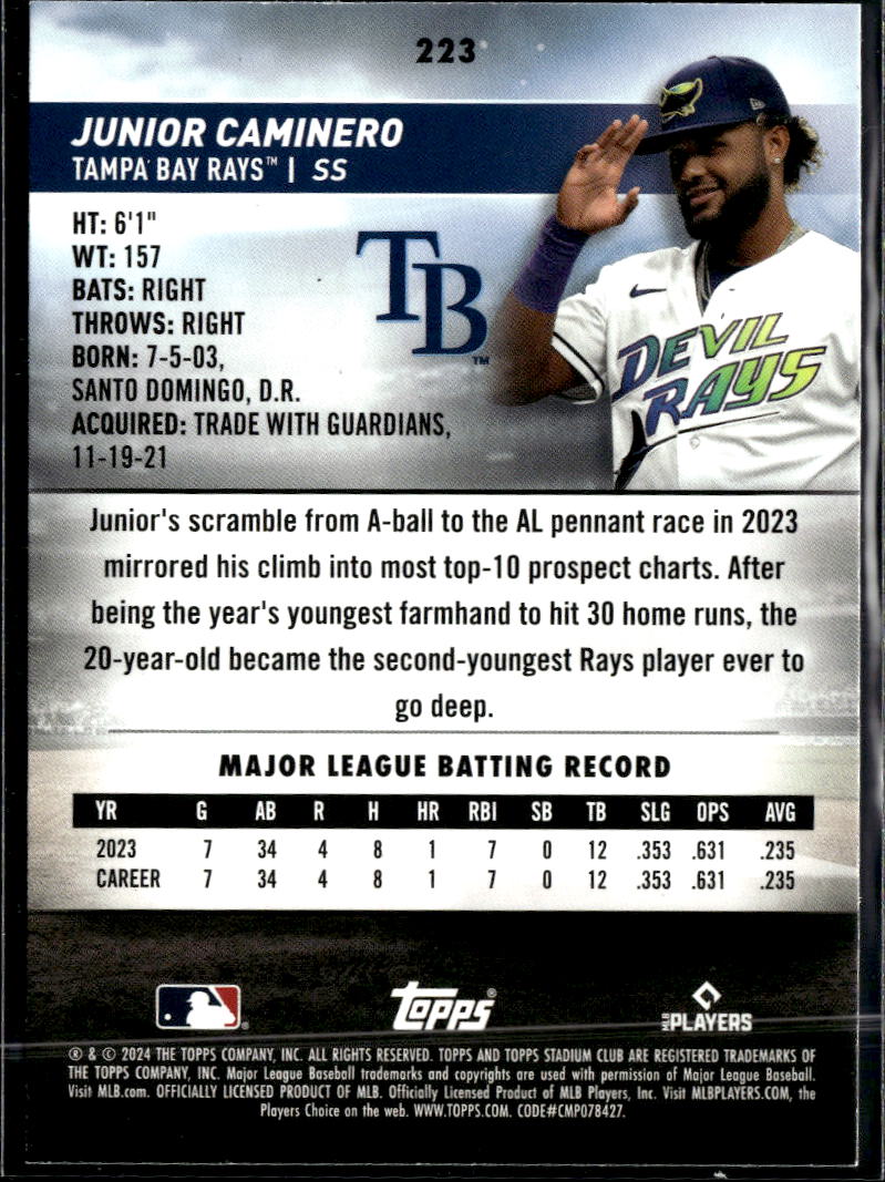 Junior Caminero 2024 Topps Stadium Club Rookie RC Tampa Bay Rays