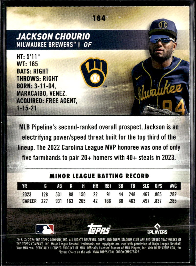 Jackson Chourio 2024 Topps Stadium Club Rookie RC Milwaukee Brewers