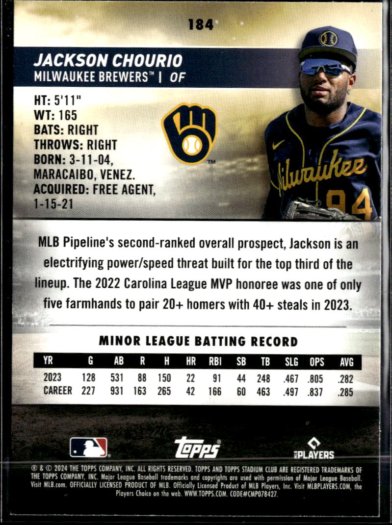 Jackson Chourio 2024 Topps Stadium Club Rookie RC Milwaukee Brewers