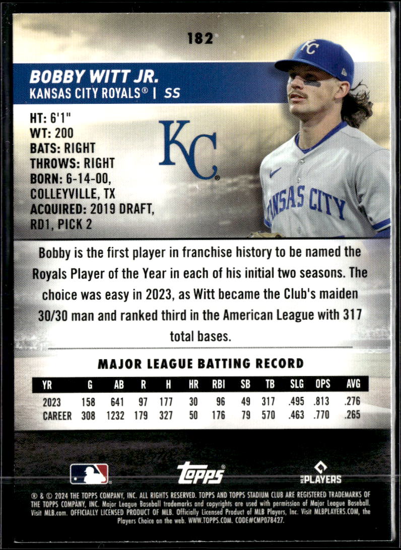 Bobby Witt Jr. 2024 Topps Stadium Club Black Foil Kansas City Royals