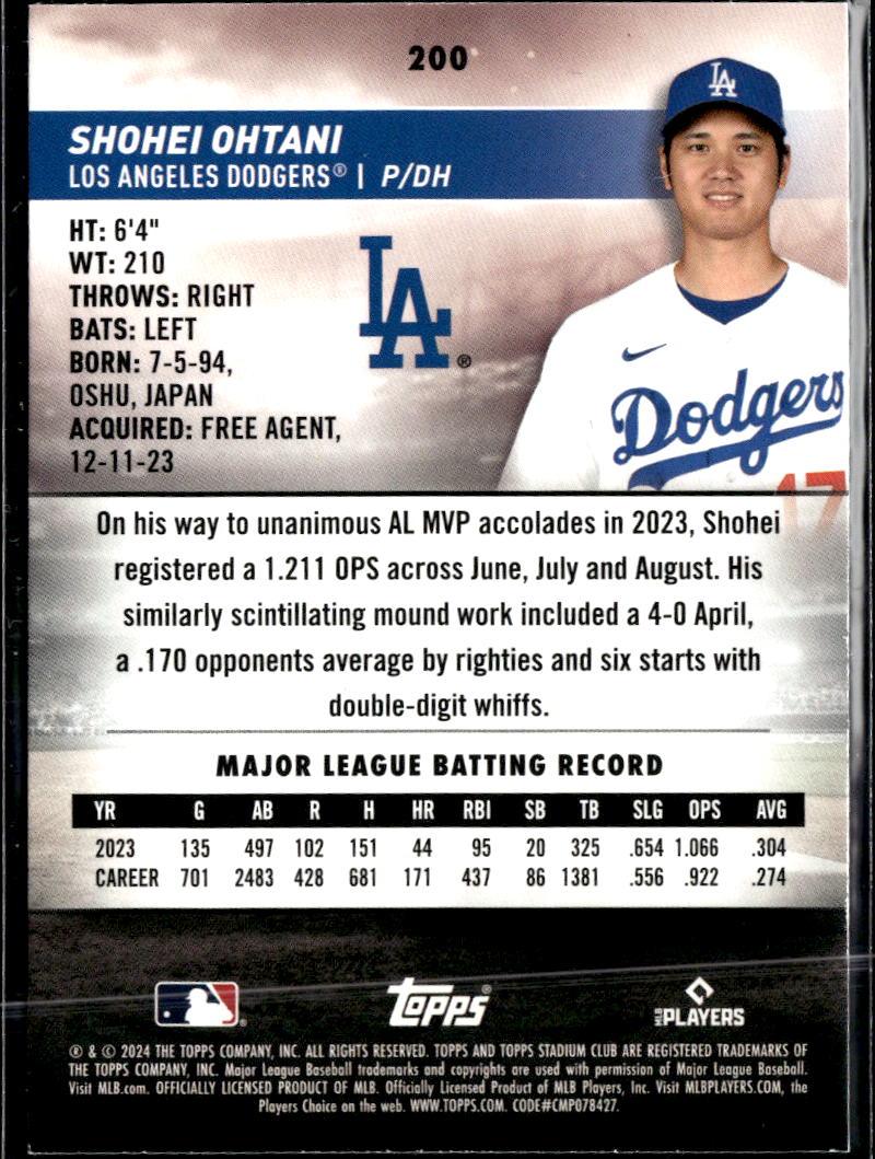 Shohei Ohtani 2024 Topps Stadium Club #200 Los Angeles Dodgers
