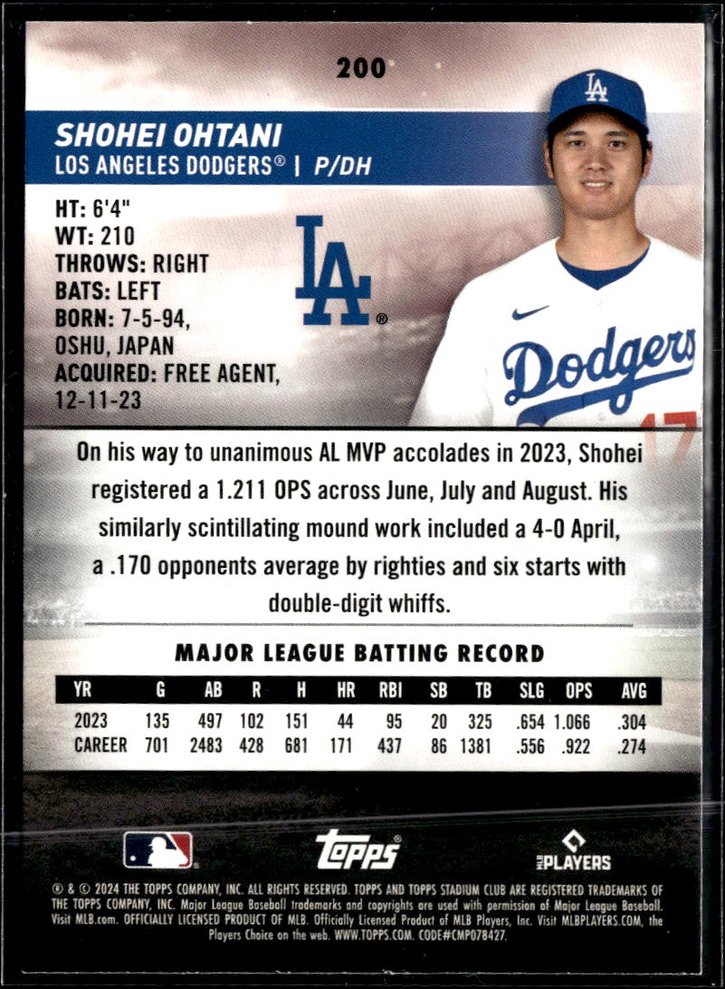 Shohei Ohtani 2024 Topps Stadium Club #200 Los Angeles Dodgers