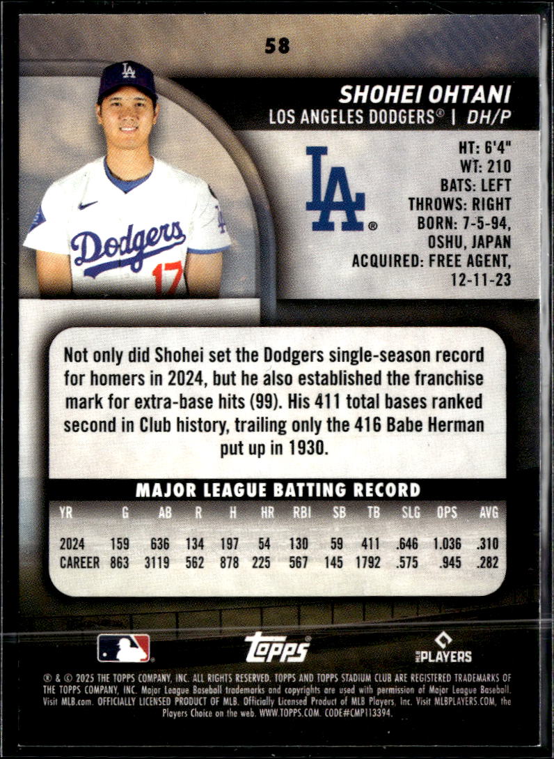 Shohei Ohtani 2025 Topps Stadium Club Los Angeles Dodgers
