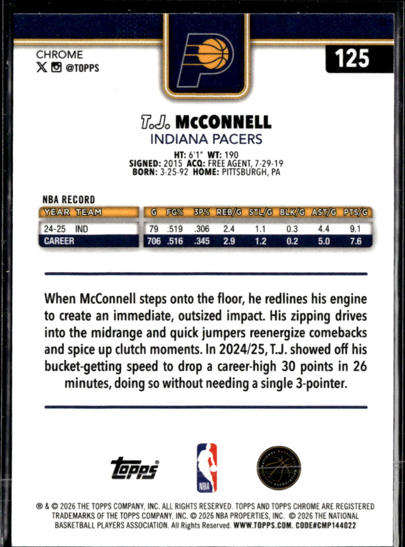 T.J. McConnell 2026 Topps Chrome Green Wave Refractor /199 Indiana Pacers