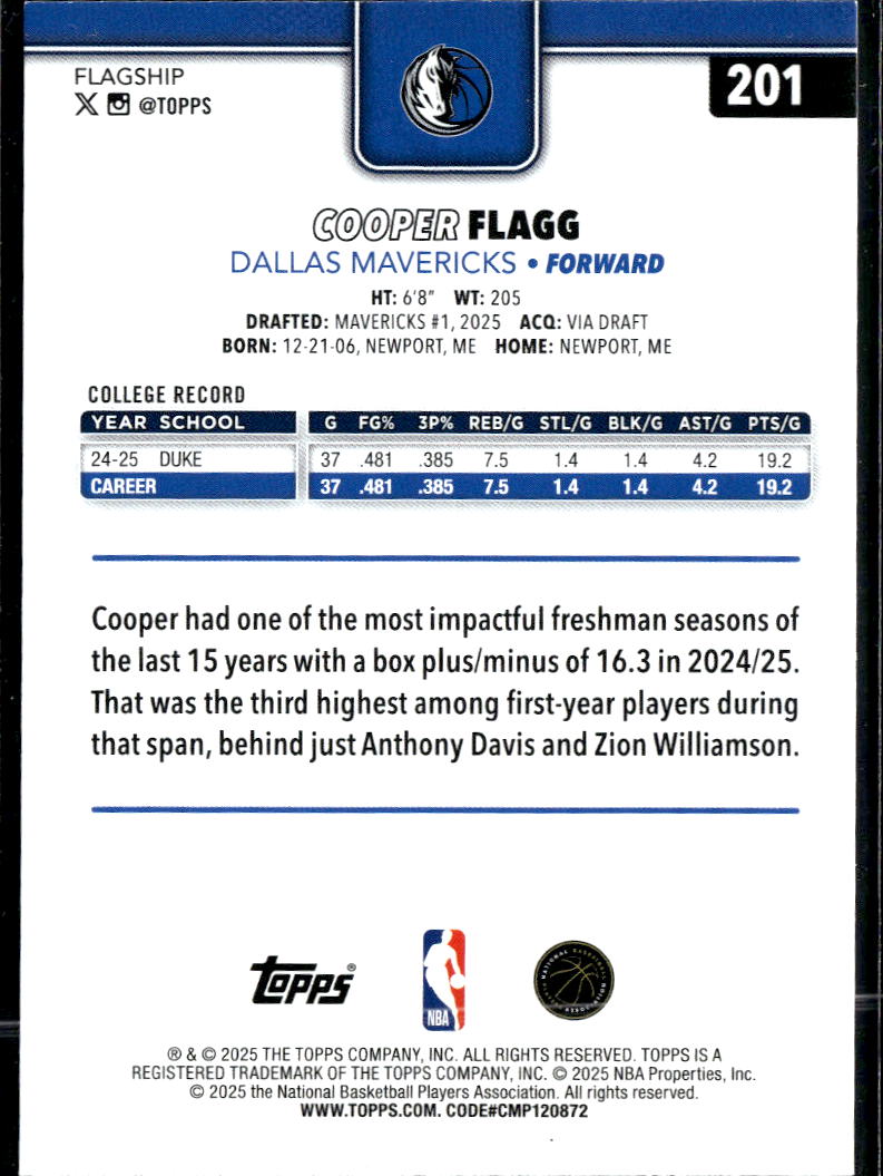 Cooper Flagg 2025 Topps Flagship Rookie RC Dallas Mavericks