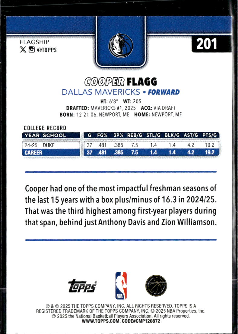 Cooper Flagg 2025 Topps Flagship Rookie RC Dallas Mavericks
