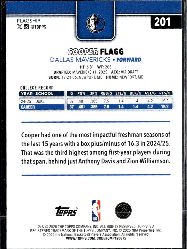 Cooper Flagg 2025 Topps Flagship Rookie RC Dallas Mavericks