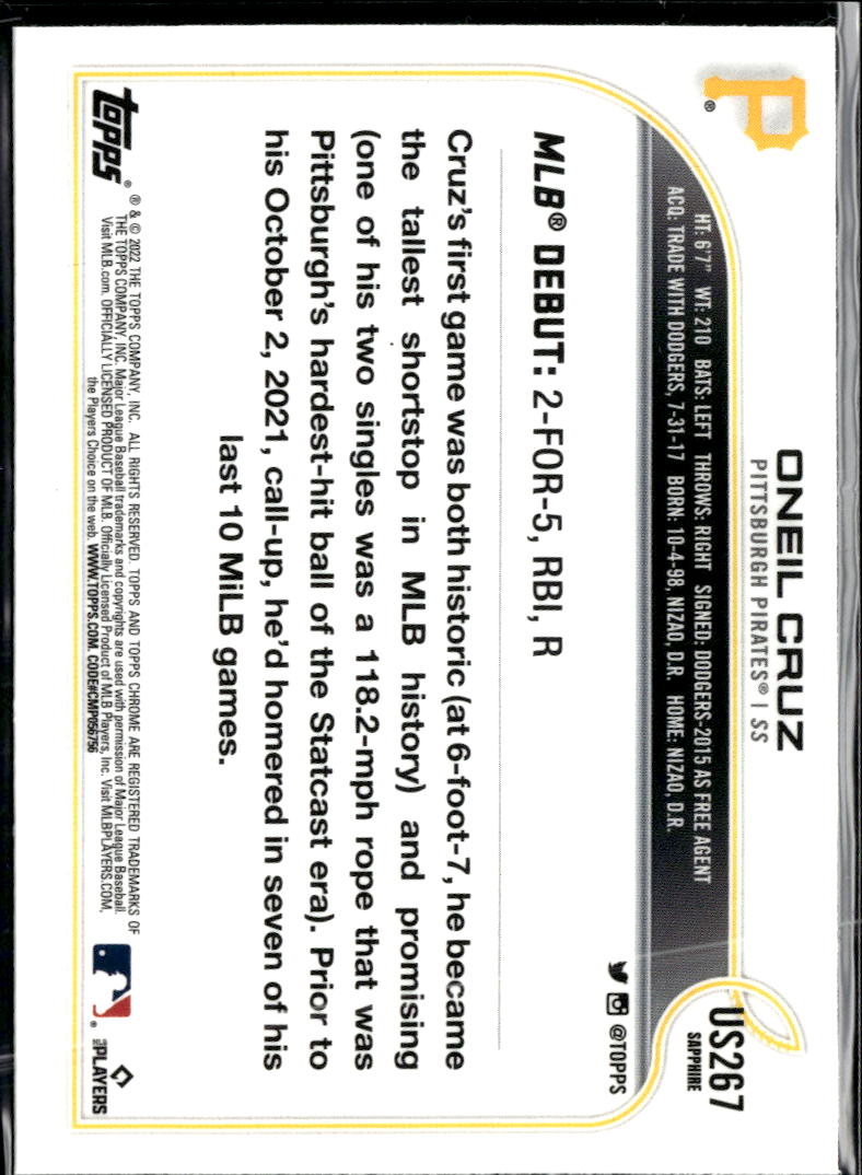 Oneil Cruz 2022 Topps Chrome Sapphire Rookie RC Pittsburgh Pirates