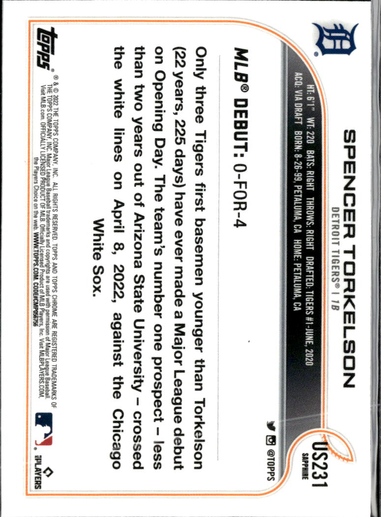 Spencer Torkelson 2022 Topps Chrome Sapphire Rookie RC Detroit Tigers