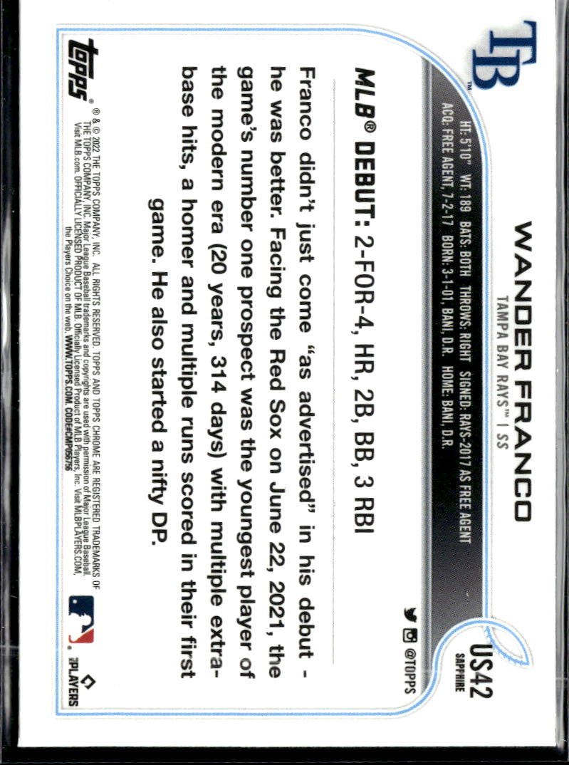 Wander Franco 2022 Topps Chrome Sapphire Rookie RC Tampa Bay Rays