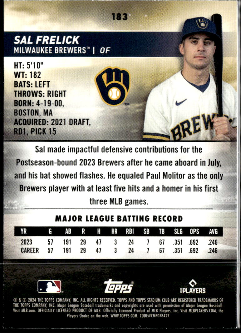 Sal Frelick 2024 Topps Stadium Club GOLD Foil SSP RC Milwaukee Brewers