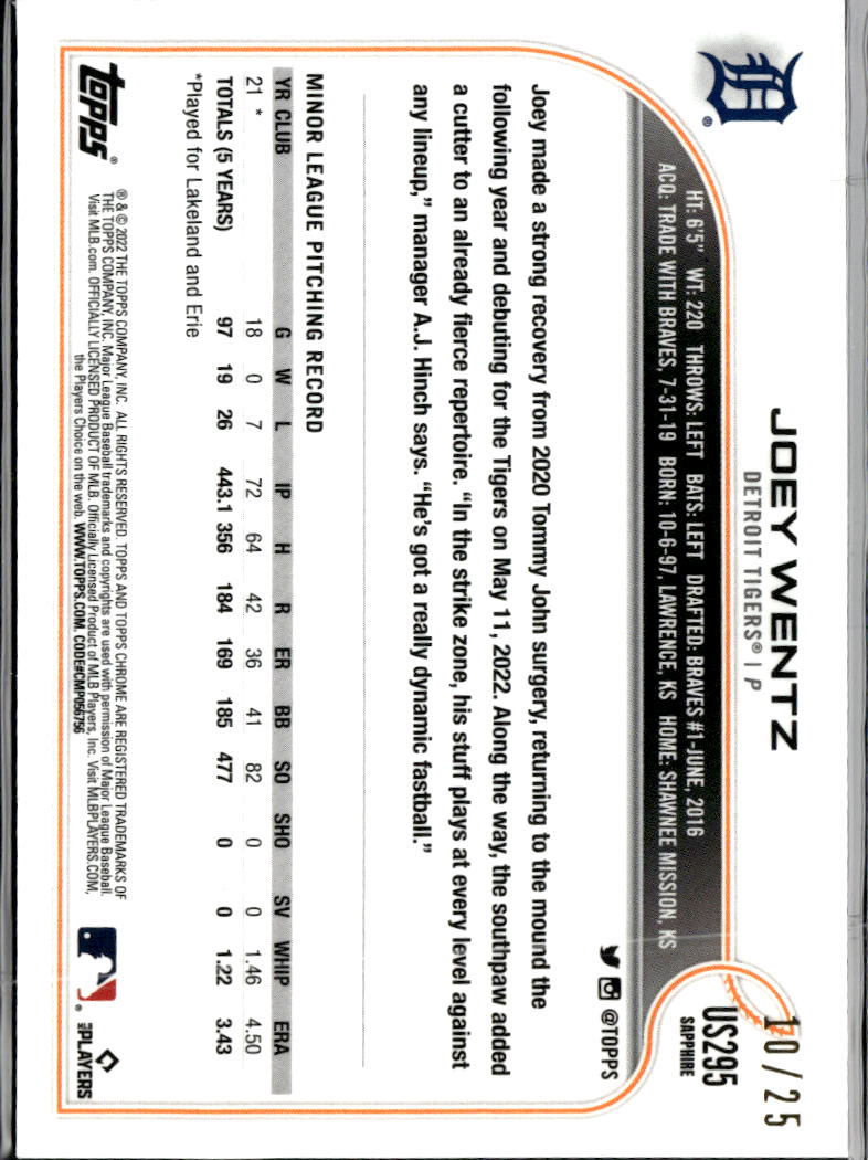 Joey Wentz 2022 Topps Chrome Sapphire RC Orange Refractor /25 Detroit Tigers