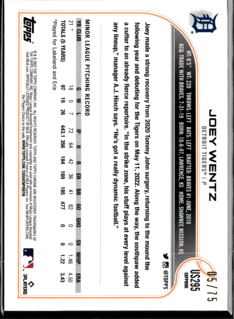 Joey Wentz 2022 Topps Chrome Sapphire Green RC /75 Detroit Tigers