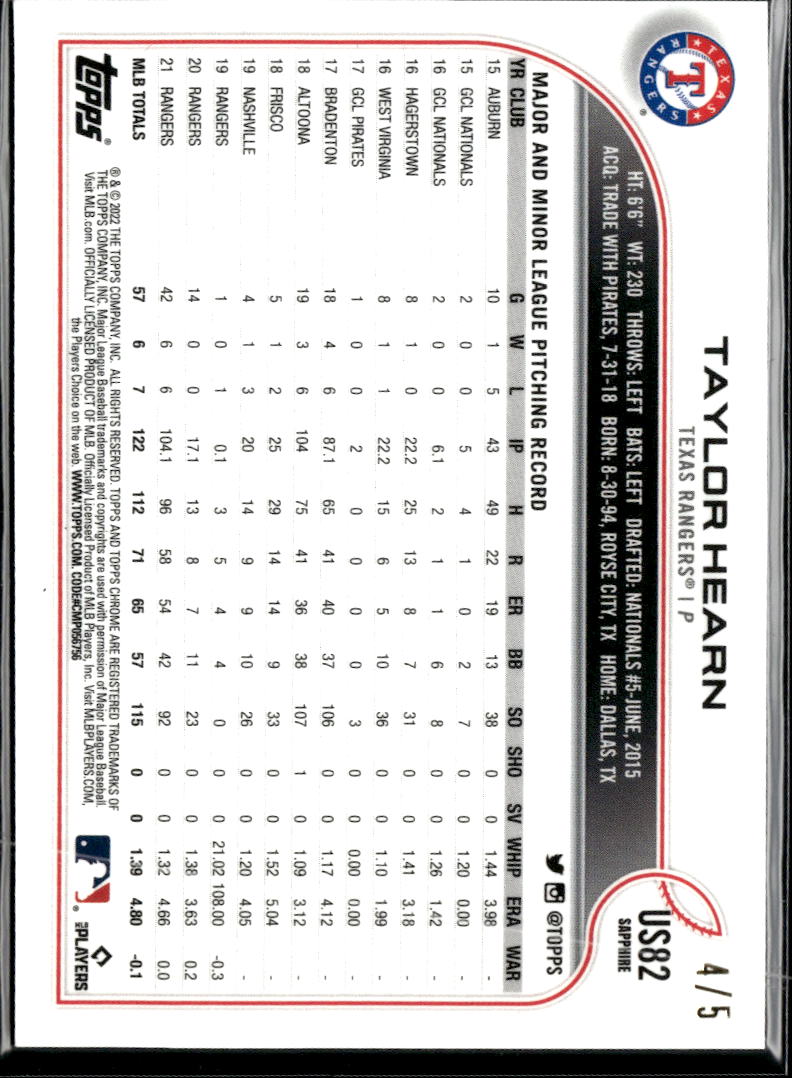 Taylor Hearn 2022 Topps Chrome Sapphire Red 4/5 Texas Rangers