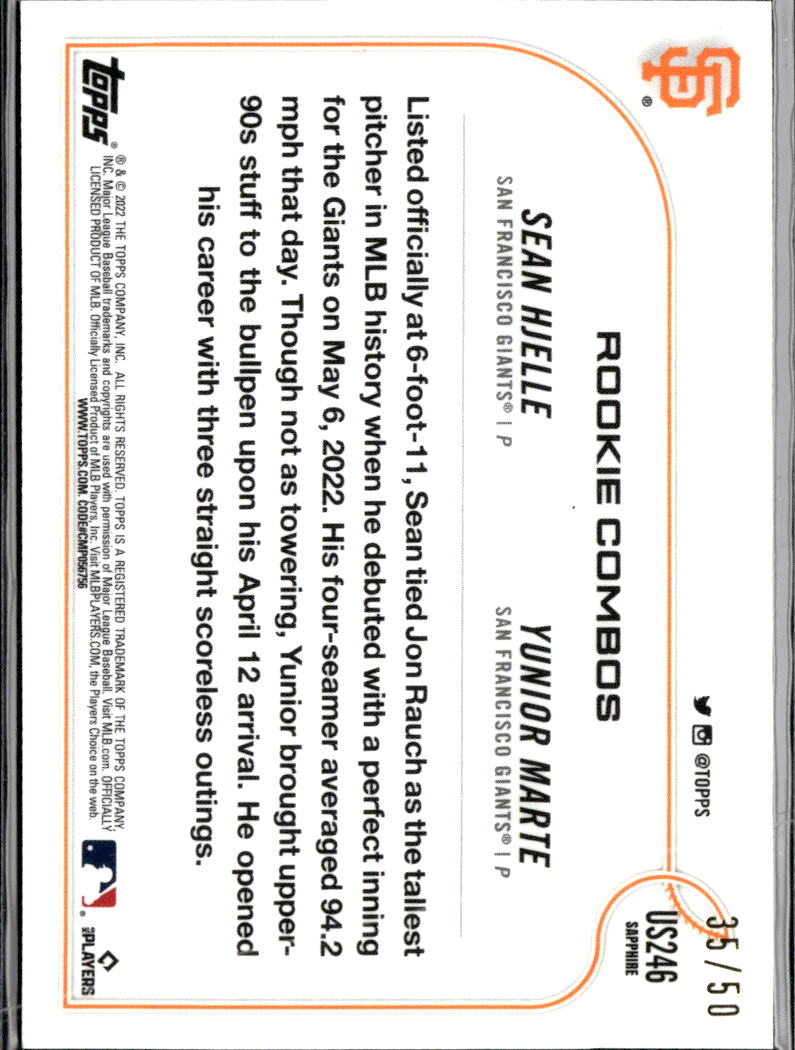 Sean Hjelle Yunior Marte 2022 Topps Chrome Sapphire Gold 35/50 Giants