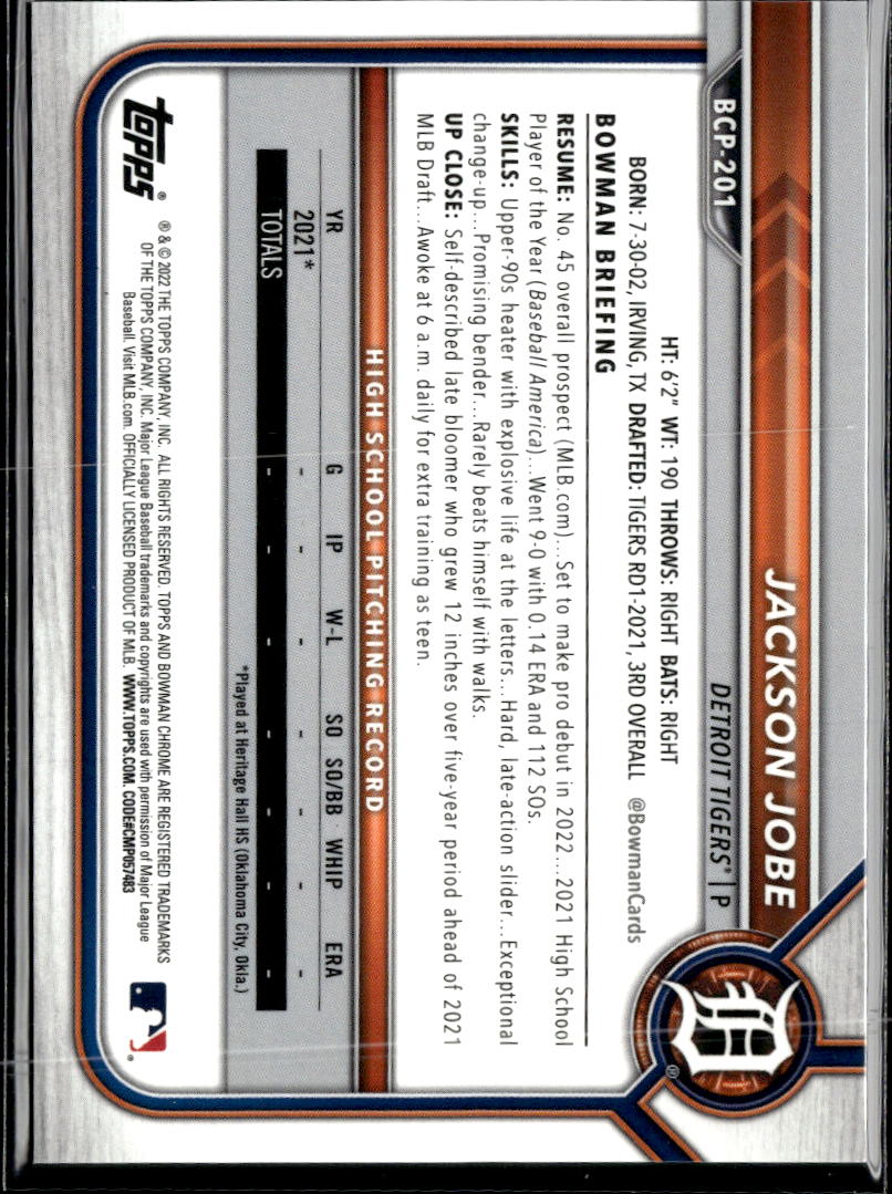 Jackson Jobe 2022 Bowman Chrome Sapphire Aqua Refractor /99 Detroit Tigers