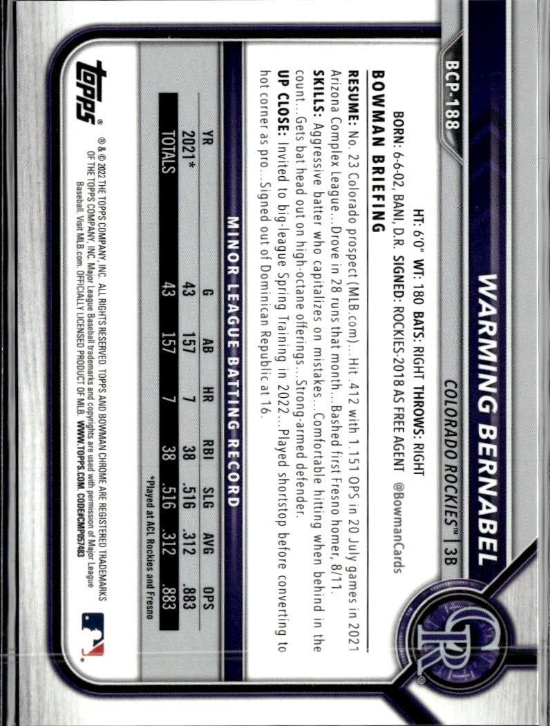 Warming Bernabel 2022 Bowman Chrome Sapphire Gold 38/50 Colorado Rockies