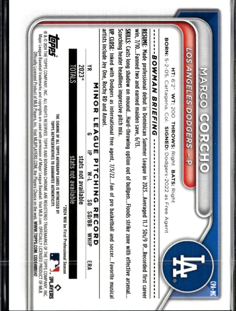 Marco Corcho 2024 Bowman Chrome 1st Auto Autograph Los Angeles Dodgers
