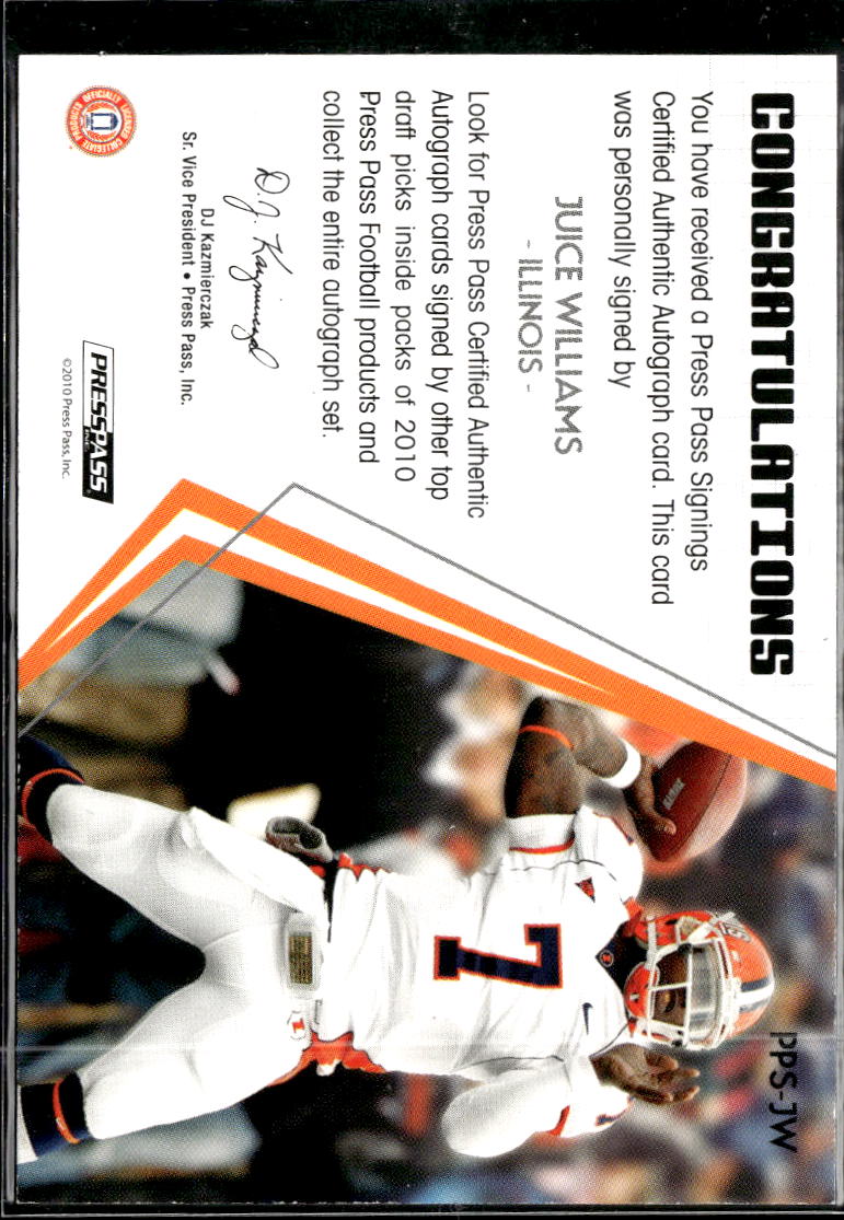Juice Williams 2010 Press Pass GOLD Auto Autograph RC 57/99 Illinois