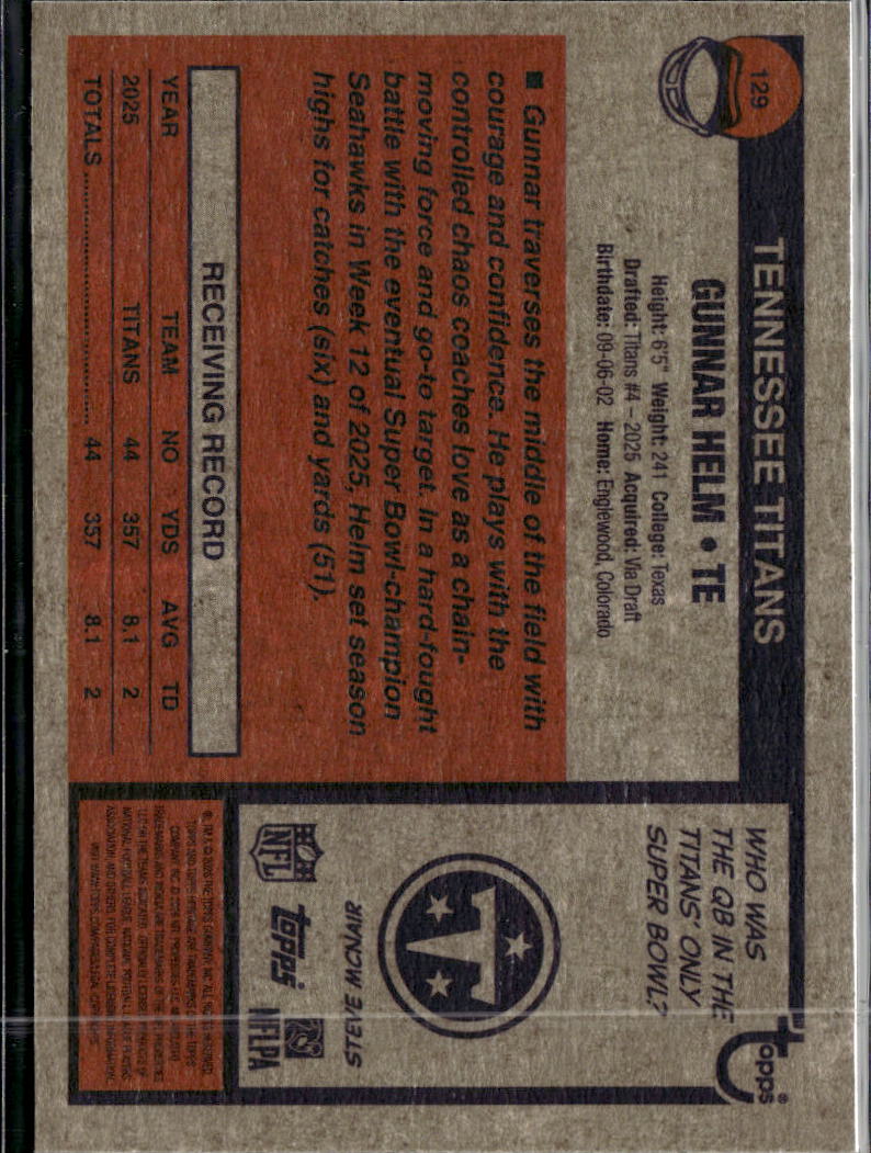 Gunnar Helm 2026 Topps Heritage Blue Sparkle Tennessee Titans