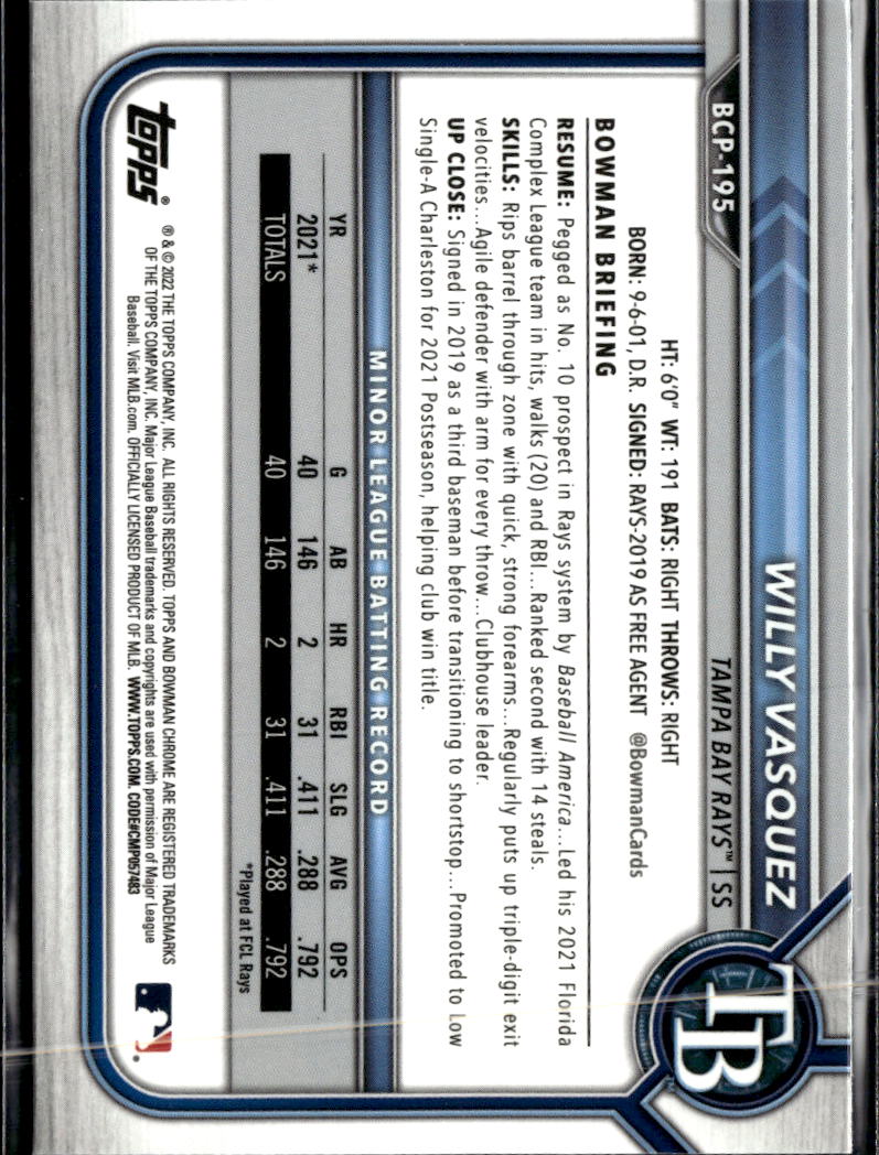 Willy Vasquez 2022 Bowman Chrome Sapphire 1st Tampa Bay Rays
