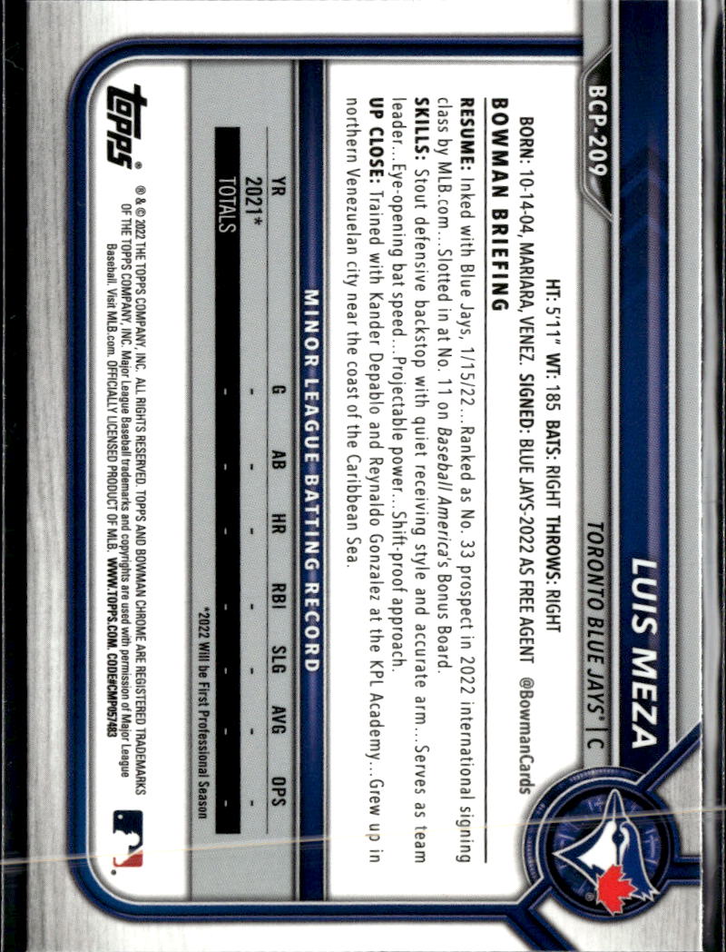 Luis Meza 2022 Bowman Chrome Sapphire 1st Toronto Blue Jays