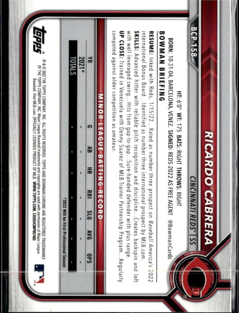 Ricardo Cabrera 2022 Bowman Chrome Sapphire 1st Cincinnati Reds