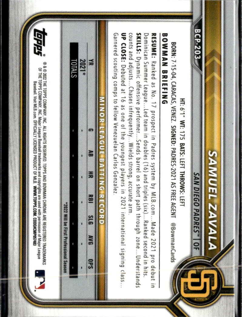 Samuel Zavala 2022 Bowman Chrome Sapphire 1st San Diego Padres