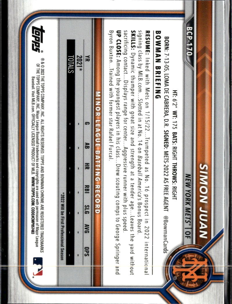 Simon Juan 2022 Bowman Chrome Sapphire 1st New York Mets