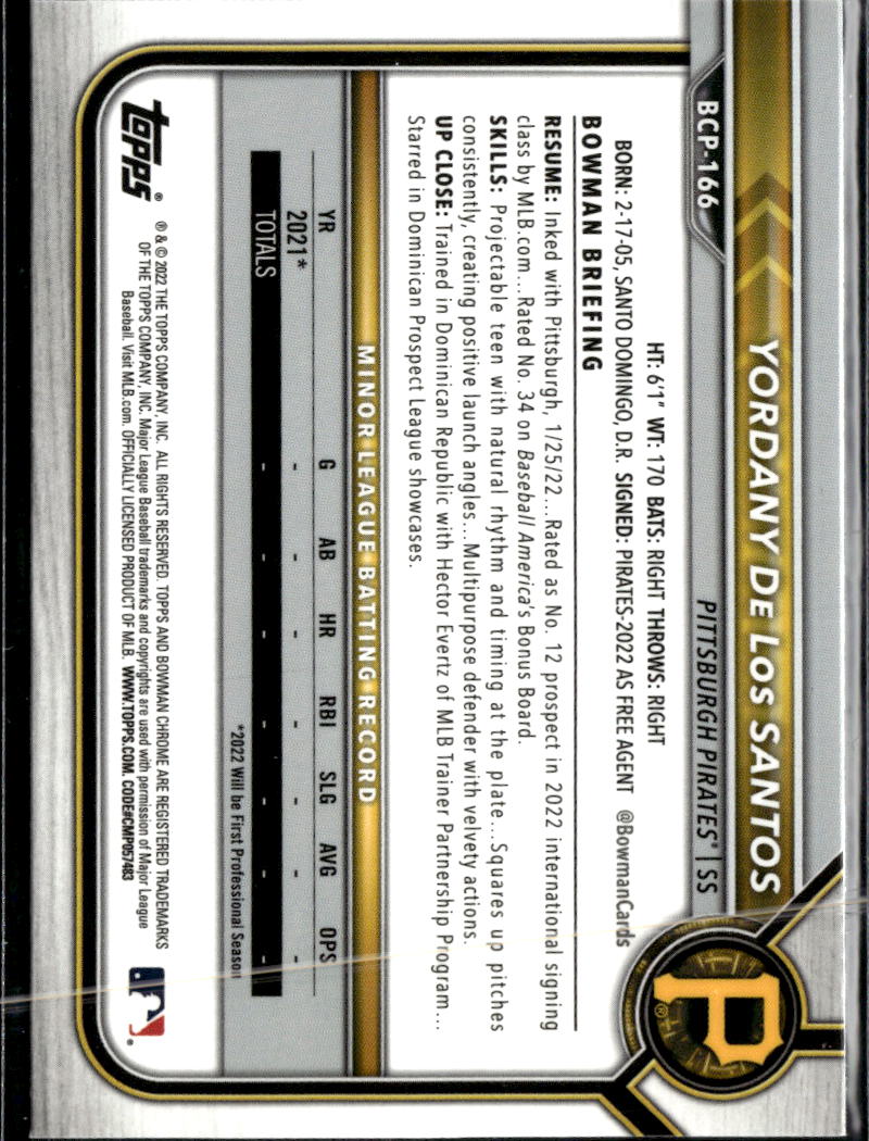 Yordany De Los Santos 2022 Bowman Chrome Sapphire 1st Pittsburgh Pirates