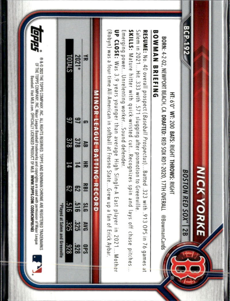 Nick Yorke 2022 Bowman Chrome Sapphire Boston Red Sox