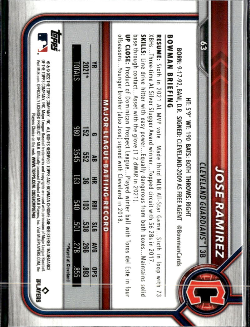 Jose Ramirez 2022 Bowman Chrome Sapphire Blue Cleveland Guardians