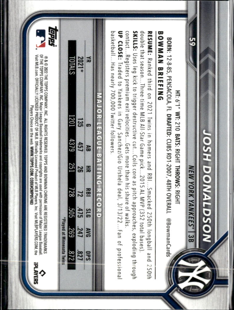 Josh Donaldson 2022 Bowman Chrome Sapphire  Refractor New York Yankees