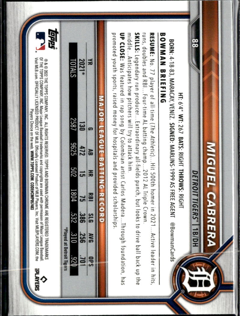 Miguel Cabrera 2022 Bowman Chrome Sapphire Edition Detroit Tigers