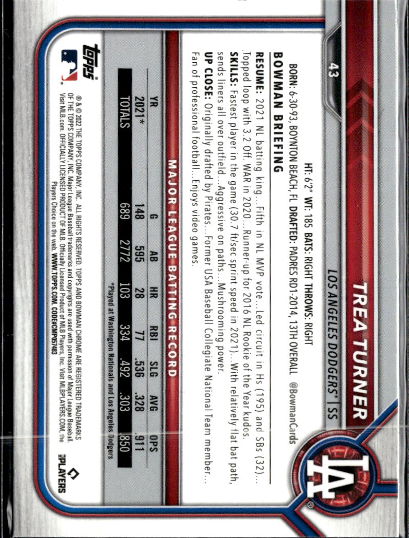 Trea Turner 2022 Bowman Chrome Sapphire Los Angeles Dodgers