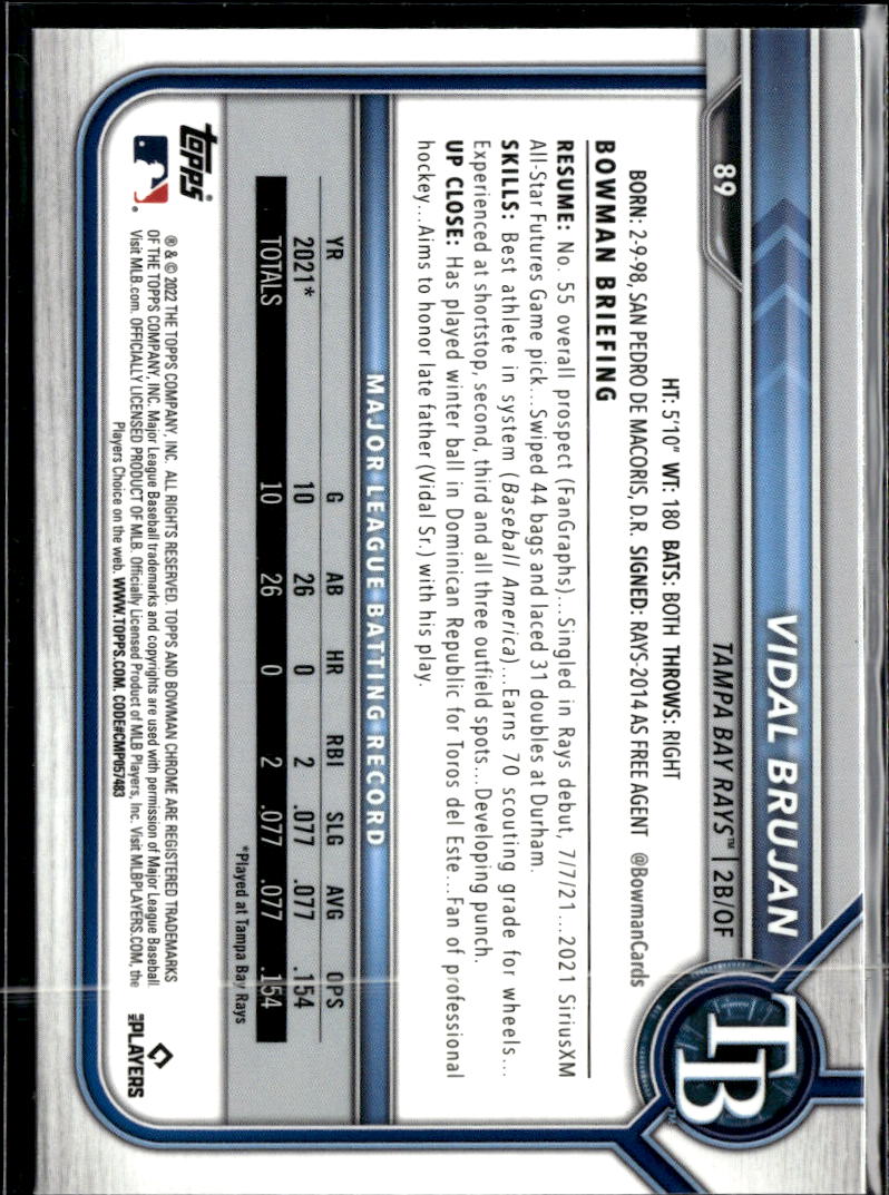 Vidal Brujan 2022 Bowman Chrome Blue Sapphire Refractor Tampa Bay Rays