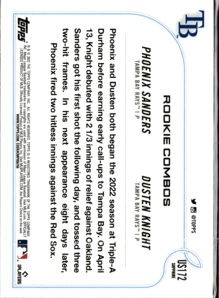 Dusten Knight Phoenix Sanders 2022 Topps Chrome Sapphire Tampa Bay Rays